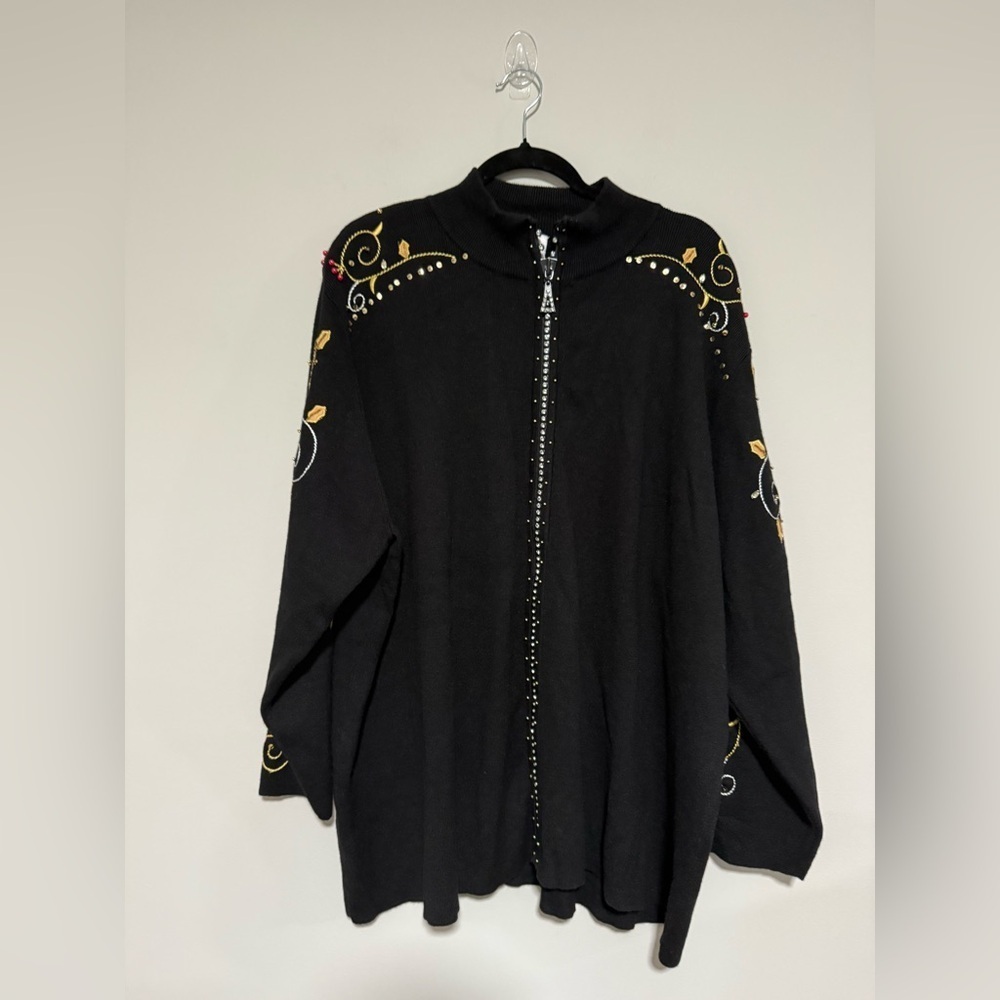 Quacker Factory Black Full Zip Sweater Gold Embroidery Beaded Size 3X Christmas